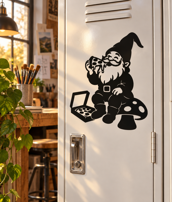 Pizza night gnome vinyl decal: black gnome holding pizza slice by pizza box.