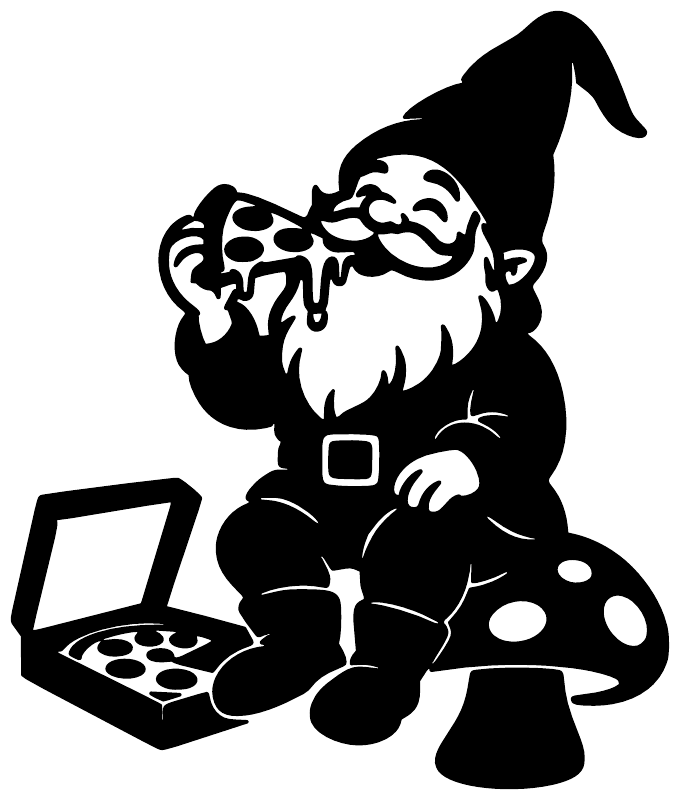 Pizza night gnome vinyl decal close-up: black gnome with pizza slice, pizza box, mushrooms.