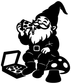 Pizza night gnome vinyl decal close-up: black gnome with pizza slice, pizza box, mushrooms.