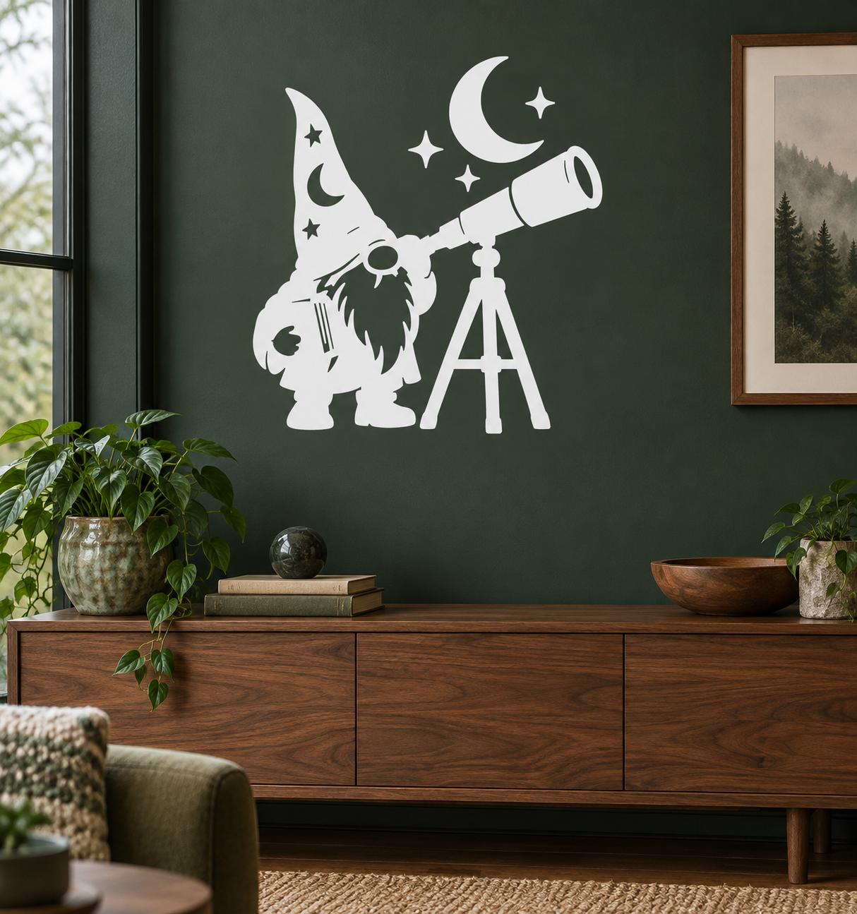 White vinyl gnome astronomer wall decal with telescope, crescent moon, and stars