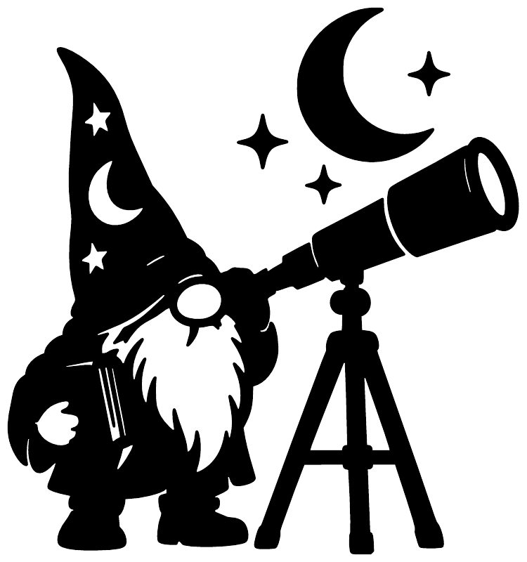 Black vinyl gnome astronomer wall decal with telescope, crescent moon, and stars