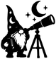 Black vinyl gnome astronomer wall decal with telescope, crescent moon, and stars