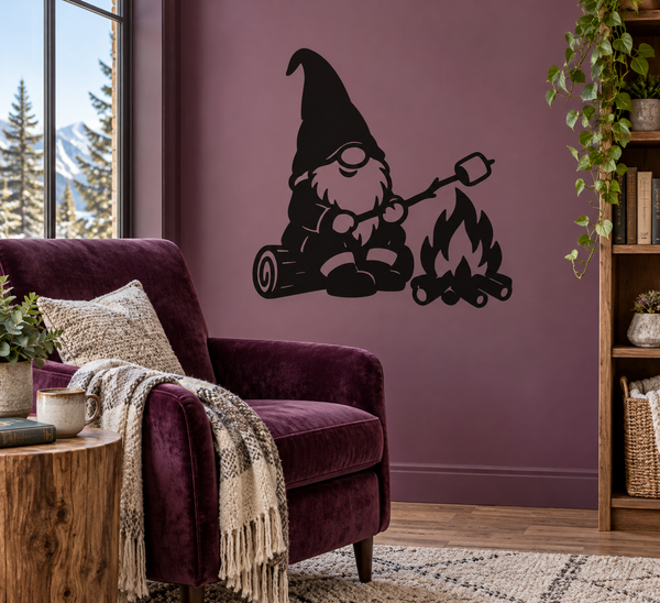 Black gnome campfire vinyl decal with hat, torch, and burning logs