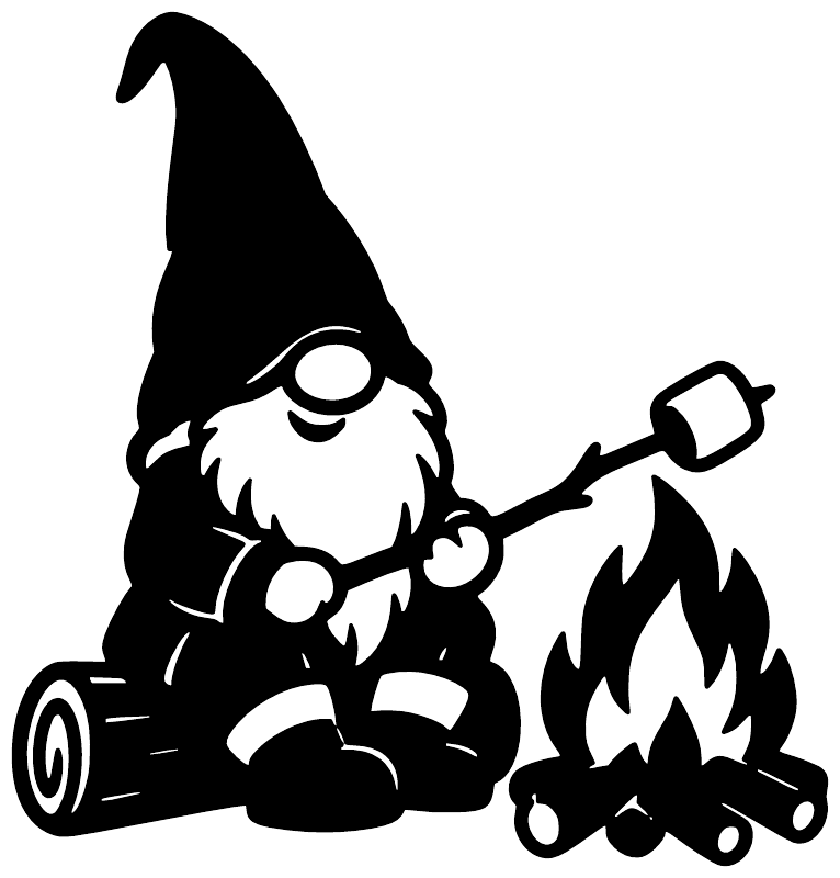 Black gnome campfire vinyl decal, sitting by flames with firewood