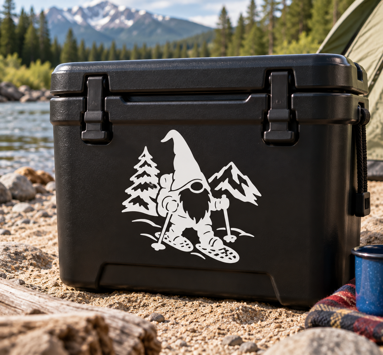 Vinyl decal on black cooler with white gnome on snowshoes