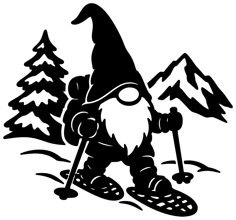 Vinyl decal: white gnome snowshoes with pine trees and mountain silhouettes