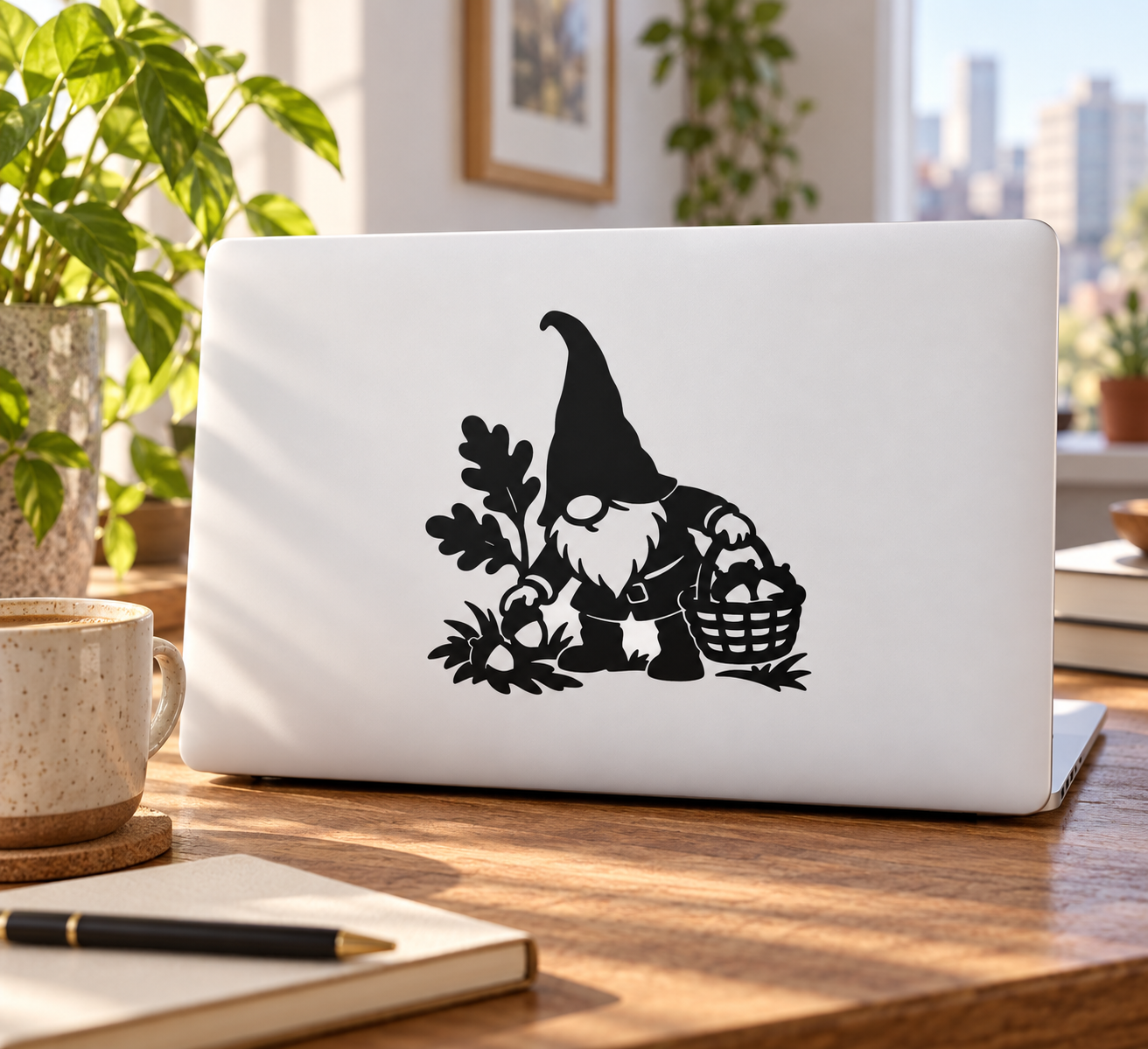 Gnome forager vinyl decal with black silhouette holding a basket of acorns and plants
