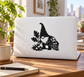Gnome forager vinyl decal with black silhouette holding a basket of acorns and plants