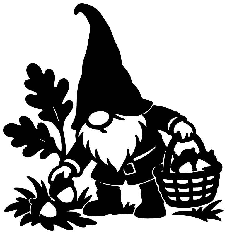 Gnome forager vinyl decal close-up silhouette holding a basket of acorns and foliage