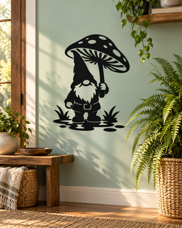 Mushroom umbrella gnome vinyl decal, black-and-white silhouette with hat and beard