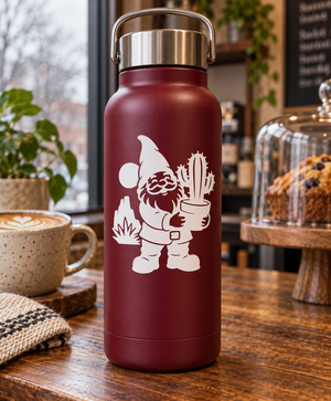 Burgundy bottle with white cactus planter gnome vinyl decal