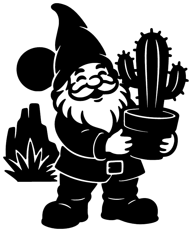 Black cactus planter gnome vinyl decal silhouette holding a cactus