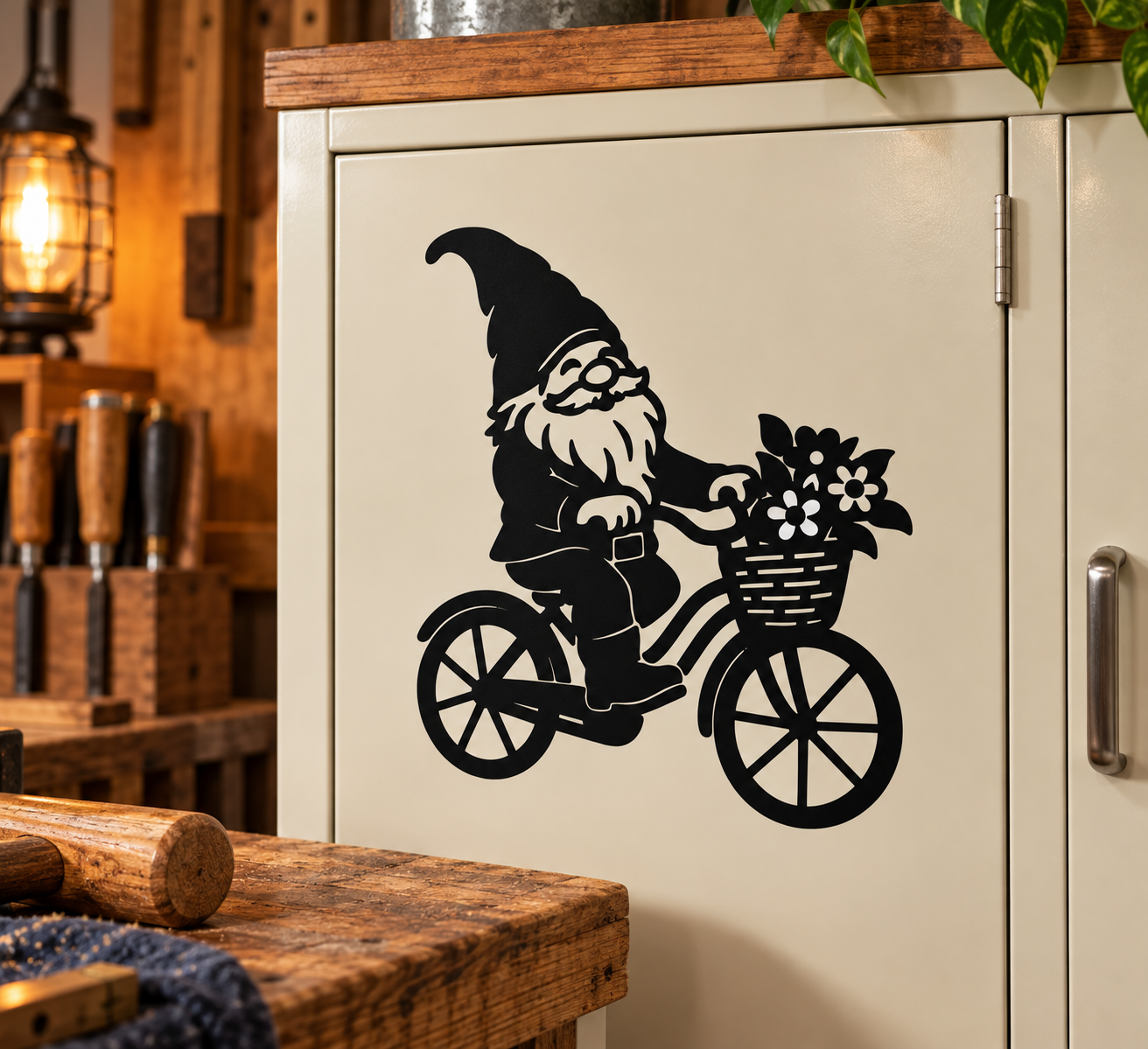 Black gnome vinyl decal riding a bicycle with flower basket on a cabinet door.