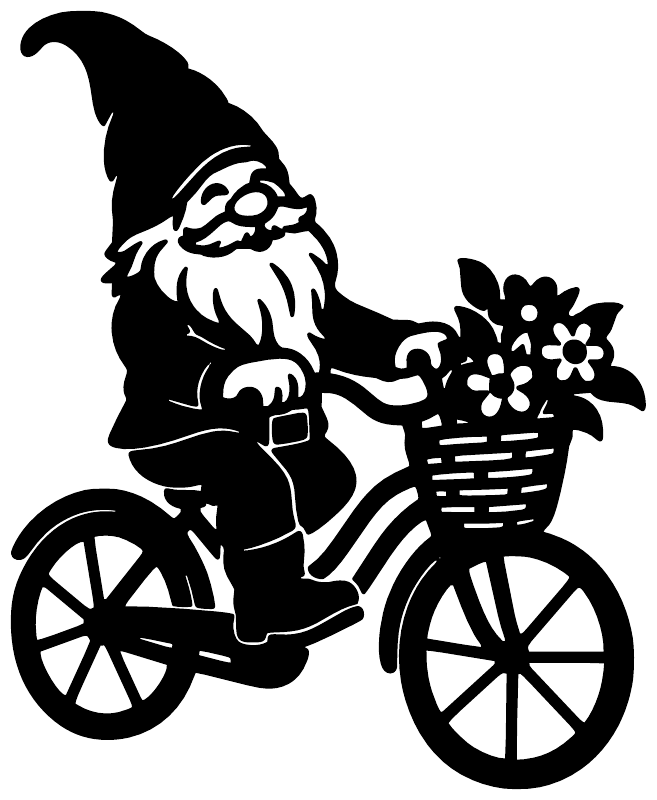 Black vinyl decal of gnome riding bicycle with flower basket, bold silhouette.