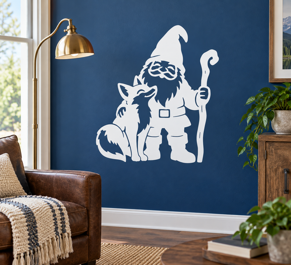 Gnome and fox vinyl decal, white illustration of a gnome holding a cane