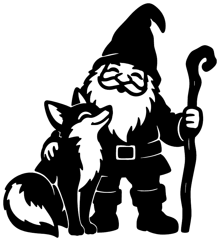 Gnome and fox vinyl decal, black gnome with fox companion and cane