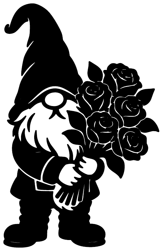 Black vinyl gnome decal holding a rose bouquet silhouette