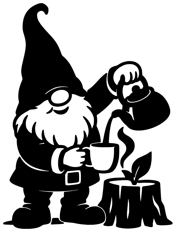 Black vinyl decal of two gnomes with a teapot and mugs, bold silhouette