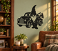 Black vintage gnome on truck driver vinyl decal with pickup truck and mountains
