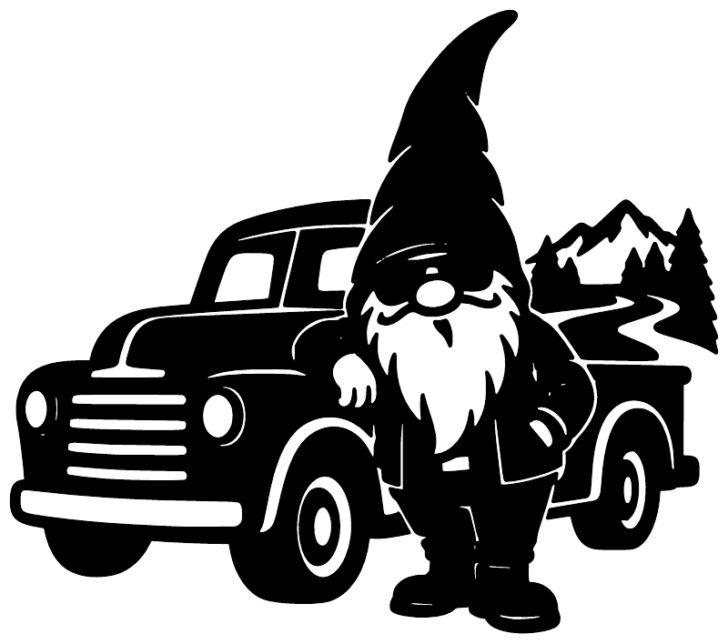 Black gnome truck driver vinyl decal silhouette with mountains