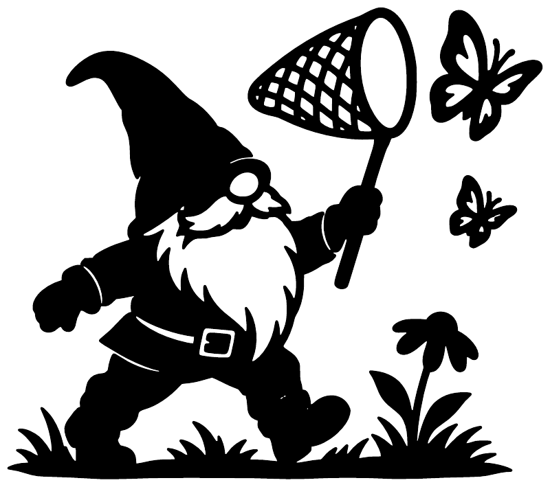 Black vinyl gnome decal holding a butterfly net with butterflies and grass