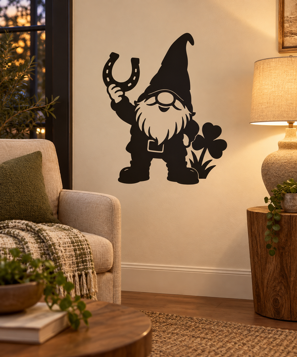 Black gnome vinyl decal with horseshoe and clover design