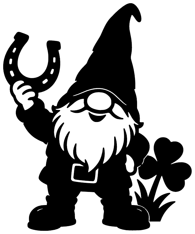 Black gnome vinyl decal silhouette holding a horseshoe and clover