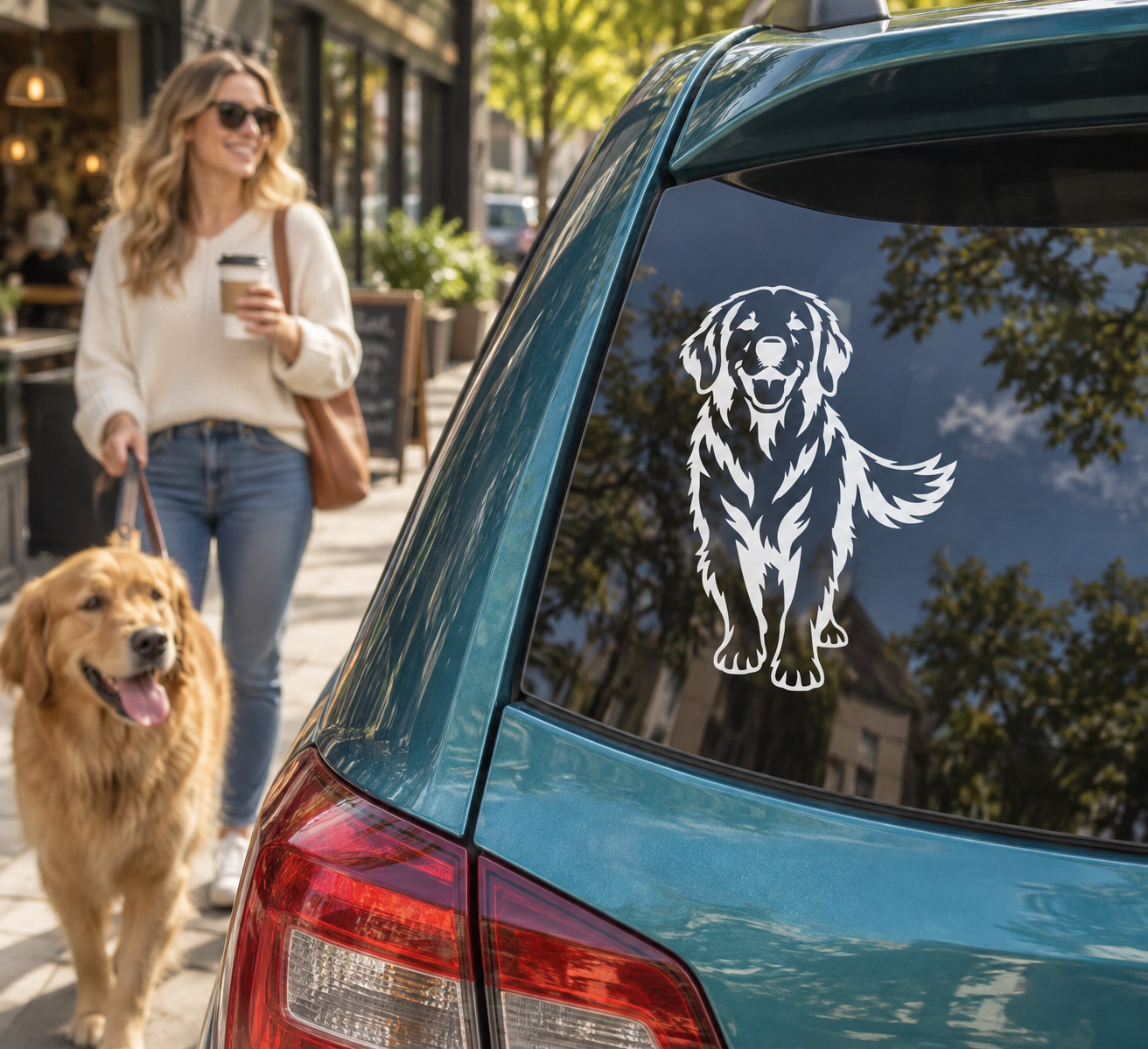 Happy portrait vinyl decal of a golden retriever on a car window