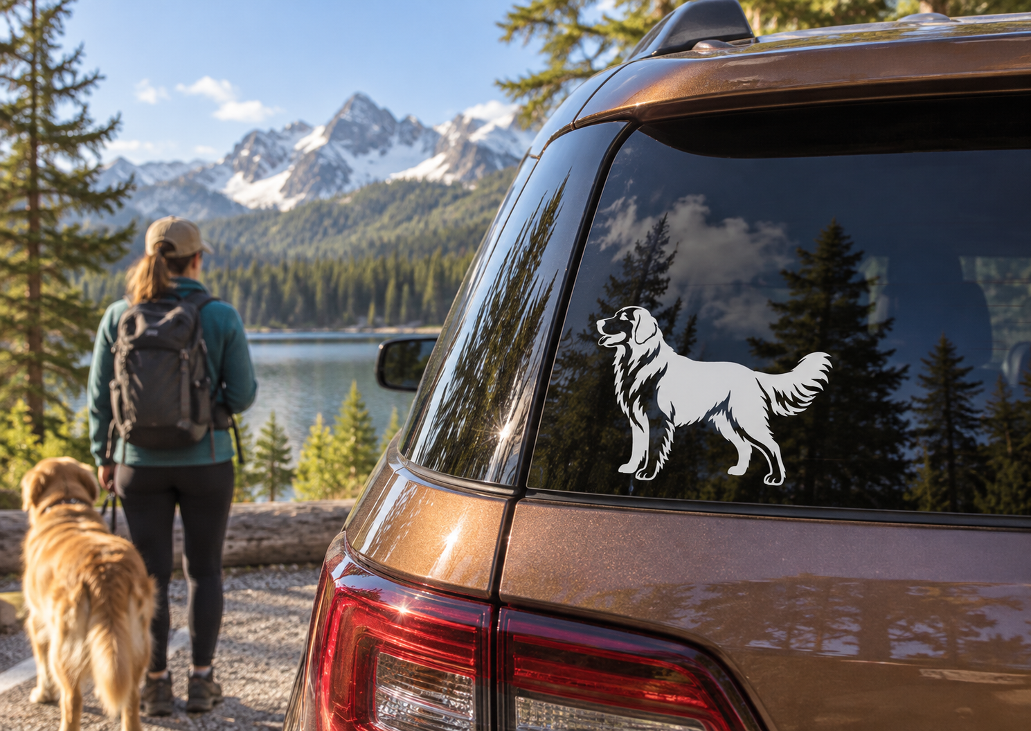 Golden Retriever side profile vinyl decal, white outline on dark background
