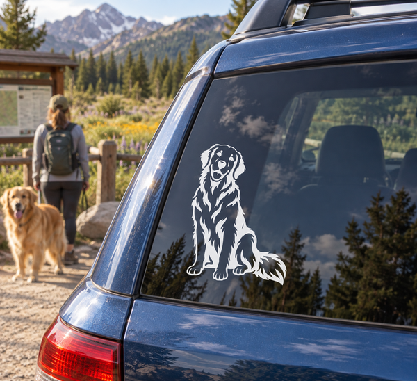 Golden Retriever sitting smile vinyl decal with white outline