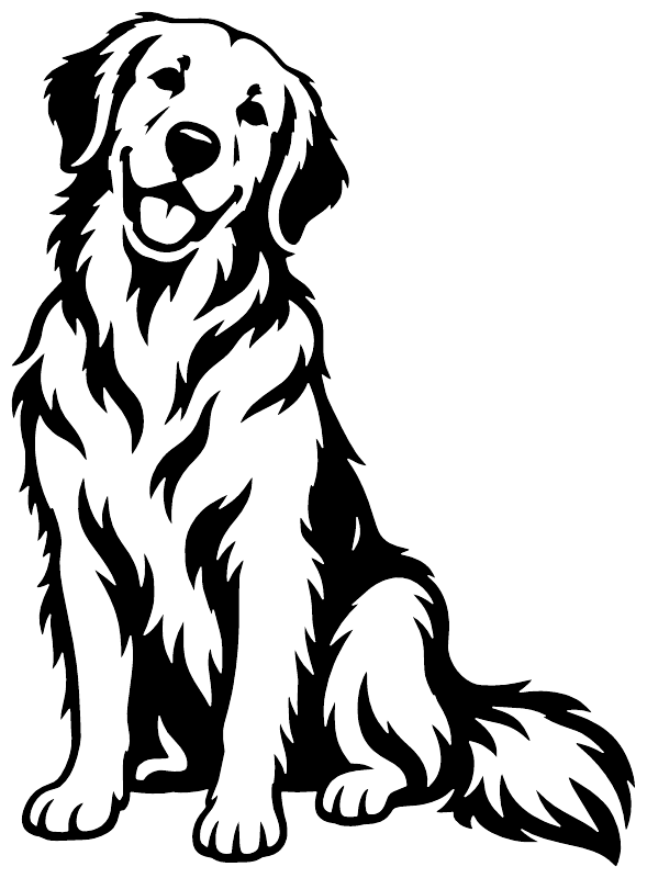 Black-and-white Golden Retriever sitting smile vinyl decal close-up, flat graphic