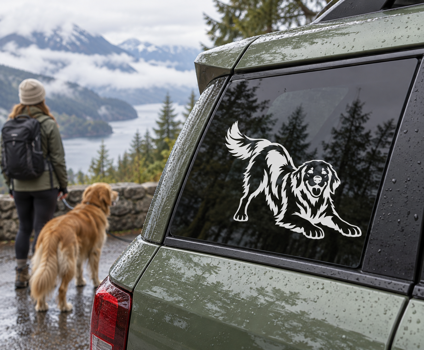 Play-bow golden retriever vinyl decal sticker on car window, black-and-white dog