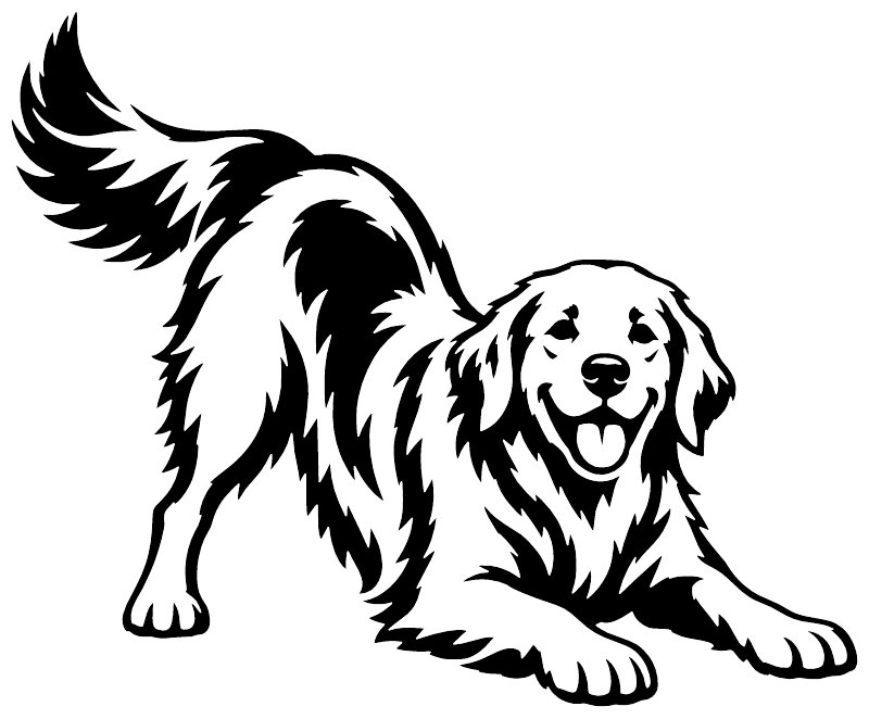 Golden retriever play-bow vinyl decal sticker, black-and-white dog silhouette