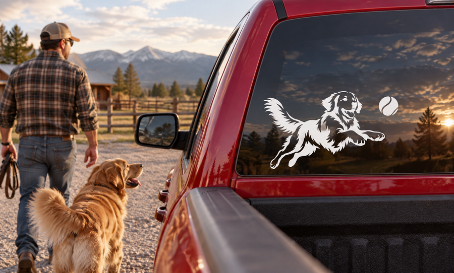 Fetch champion vinyl decal of a golden retriever leaping and reaching, in white on glass