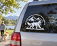 Car decal vinyl: circular golden retriever with mountains design in white and black.