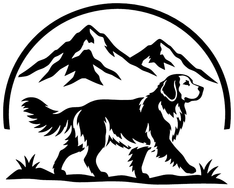 Vinyl decal close-up: circular outline with golden retriever and mountain peaks, black and white.