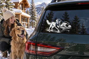 Golden retriever vinyl decal with waves on a car rear window