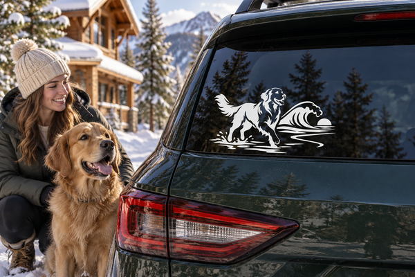 Golden retriever vinyl decal with waves on a car rear window