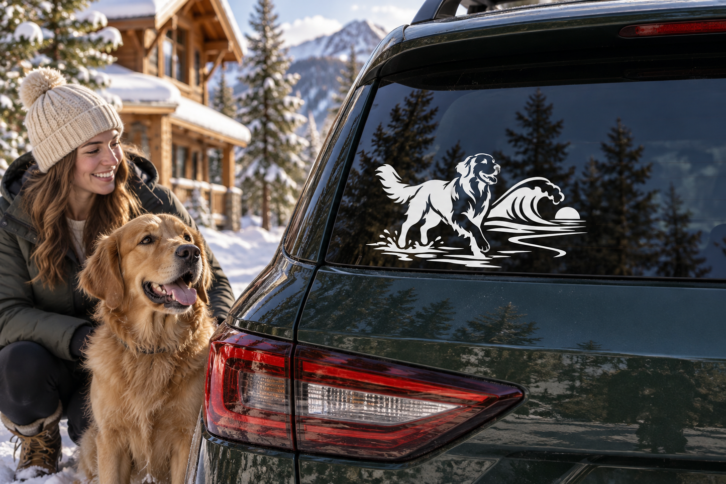 Golden retriever vinyl decal with waves on a car rear window