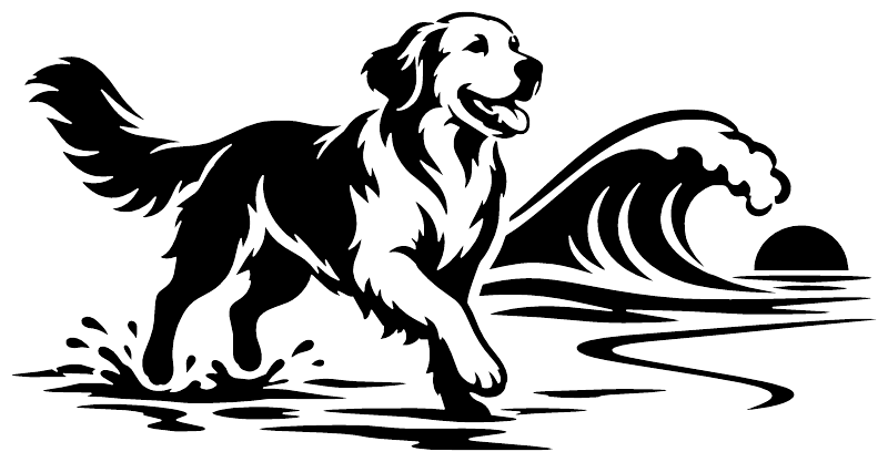 Black and white golden retriever vinyl decal with wave and splash design