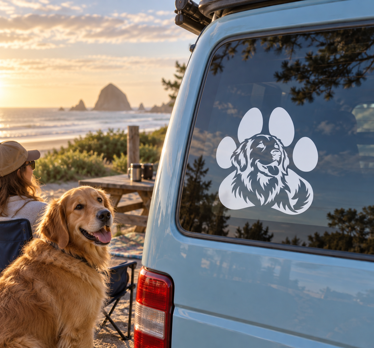 Vinyl dog paw and golden retriever portrait decal on vehicle window
