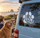 Vinyl dog paw and golden retriever portrait decal on vehicle window