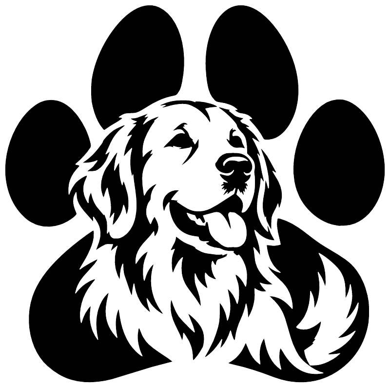 Vinyl dog paw portrait decal, black-and-white golden retriever face with paws