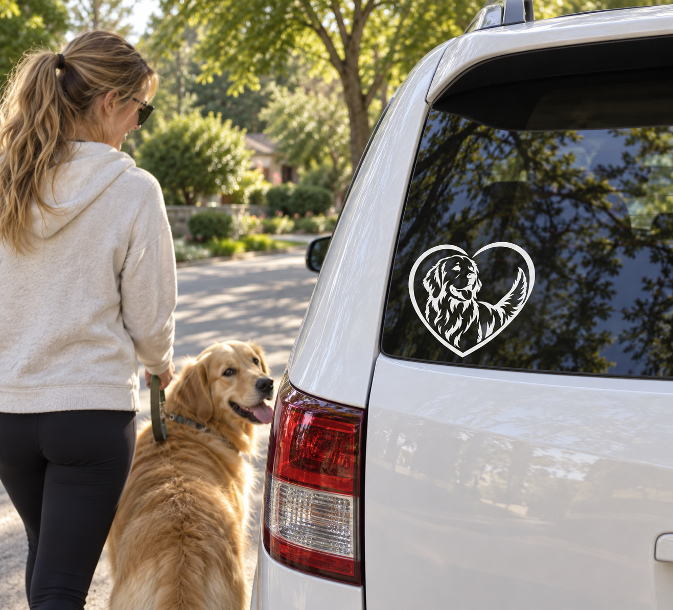 Golden retriever vinyl decal in a heart shape on a car window