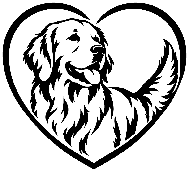 Heart-shaped golden retriever vinyl decal with black-and-white dog face