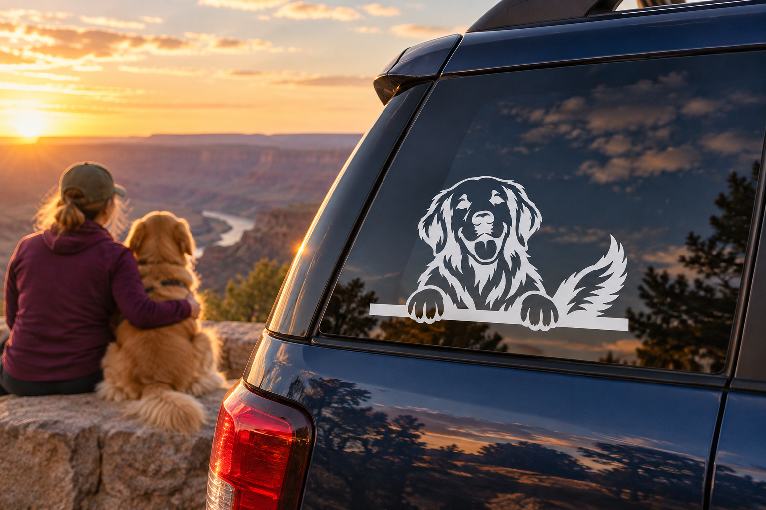 White golden retriever passenger peek vinyl decal on car window glass
