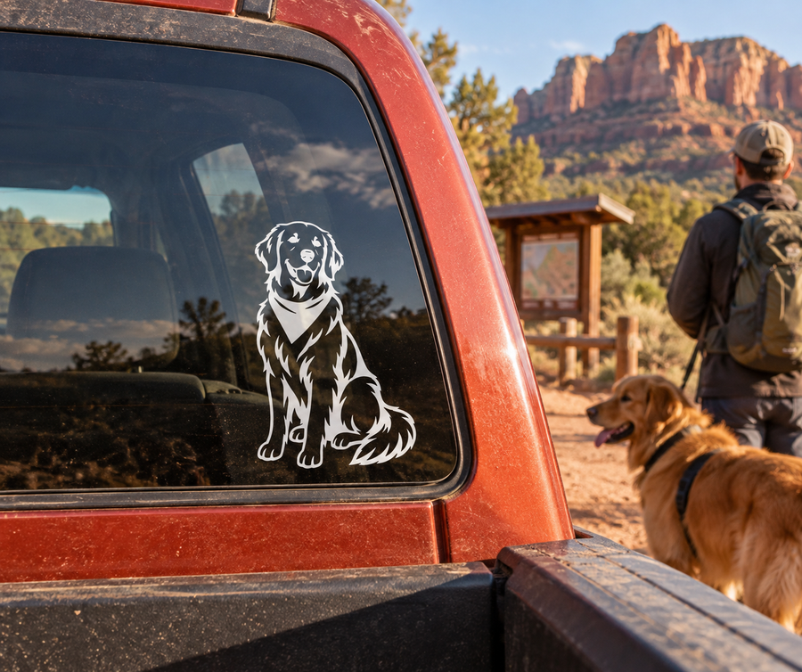 Bandana Buddy vinyl decal of a sitting golden retriever dog in white