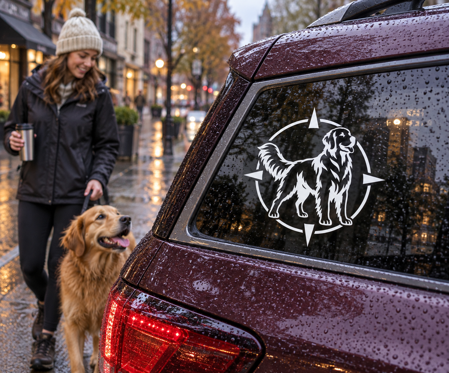 Adventure badge vinyl decal featuring a black-and-white golden retriever with compass arrows