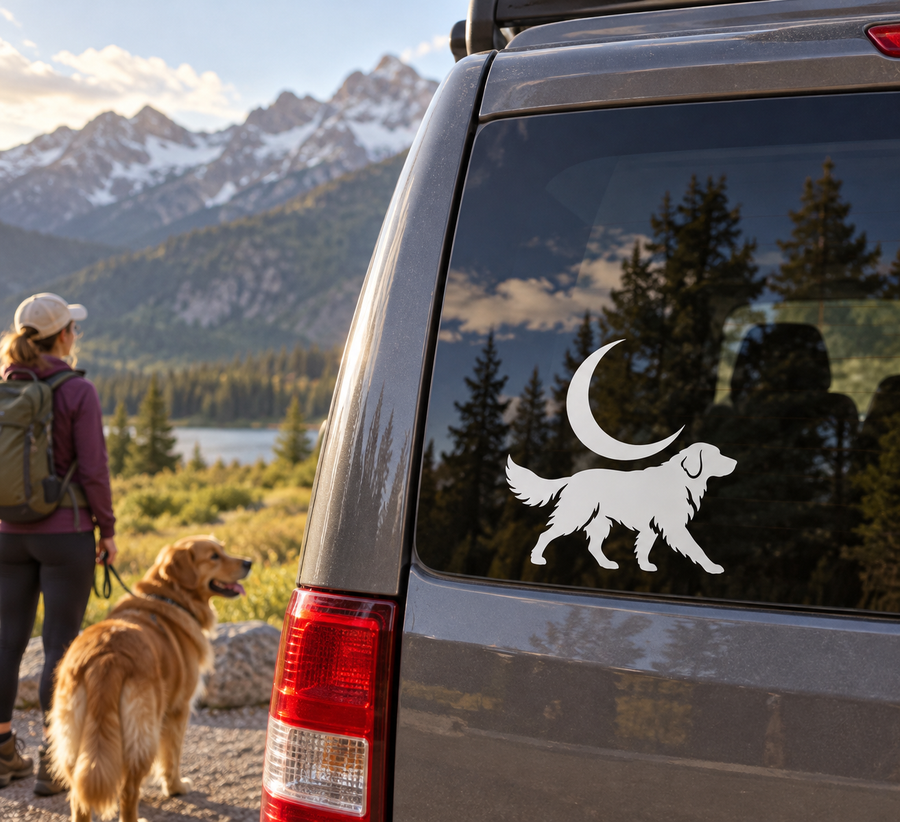 Dog and crescent moon vinyl decal for car window