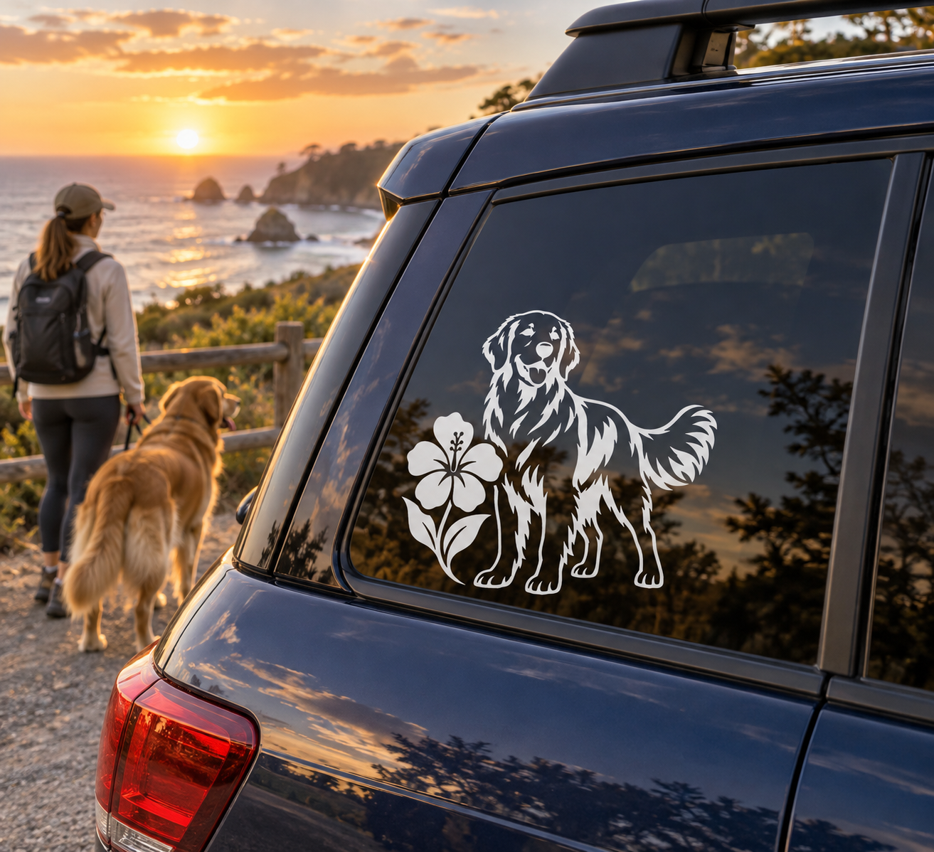 Golden retriever vinyl decal with flower design on car window